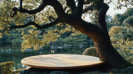 Tree with a circular wooden bench in a Japanese-style garden, peaceful and meditative settingの素材