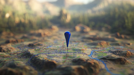 Travel concept with a blue push-pin stuck in a road map, highlighting a specific location, blurred map details in background, D renderingの素材