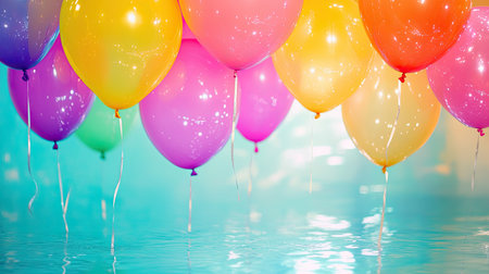 Vibrant and festive abstract background with helium balloons in bright rainbow hues, floating with soft reflectionsの素材
