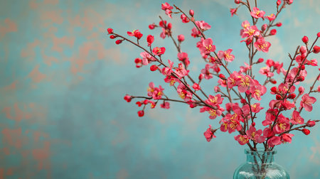 Vibrant red artificial plum blossoms beautifully arranged in a glass vase, soft-focus background with copy spaceの素材