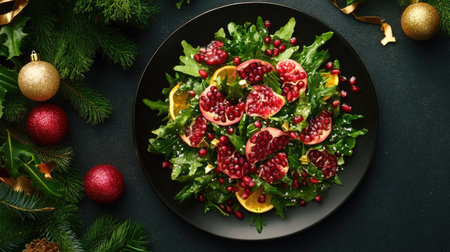 Vibrant Pomegranate Bracelet salad on elegant black plate, garnished with greens, overhead holiday sceneの素材