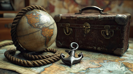 Vintage travel composition featuring an old globe, nautical rope, ship anchor, and classic suitcase on a historical map, textured grunge effectの素材