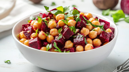 Vibrant chickpea and beetroot salad in a white bowl, topped with delicate beetroot roses, healthy vegan dish, bright backgroundの素材