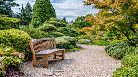 Tree with a circular wooden bench in a Japanese-style garden, peaceful and meditative settingの素材