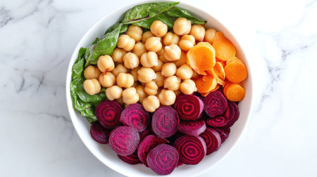 Vegan chickpea salad in white bowl with bold beetroot and soft beet roses, overhead clean styleの素材