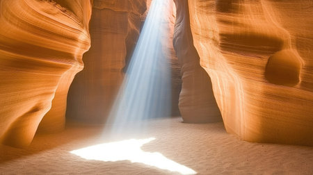 Vertical view of narrow canyon shaft where sunbeams shine through Antelope Canyon's roof, Arizona desert lightの素材