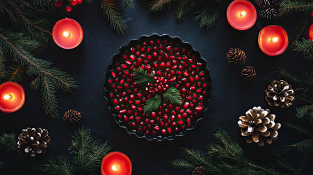 Vibrant top view of holiday Pomegranate Bracelet salad in circular mold, surrounded by pine and candles, dark themeの素材