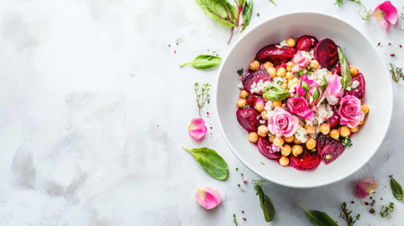 Vegan chickpea and beetroot salad arranged artistically in white bowl with beetroot rose flowers, clean soft backdropの素材