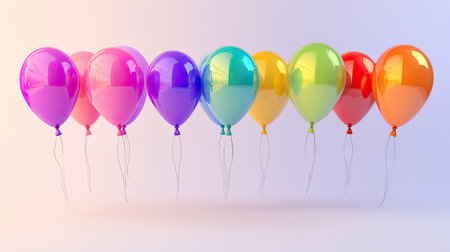 Vibrant group of colorful transparent balloons floating on an isolated background, glossy reflections and soft shadowsの素材