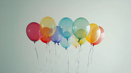 Vibrant set of helium balloons with a clear and colorful effect, floating freely on a plain backgroundの素材