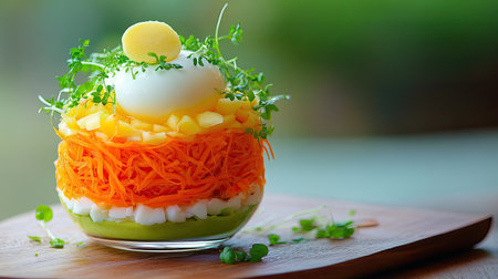 Vibrant salad in a cup with orange carrot layer, yellow cheese, white egg and green apple, apple chip on topの素材