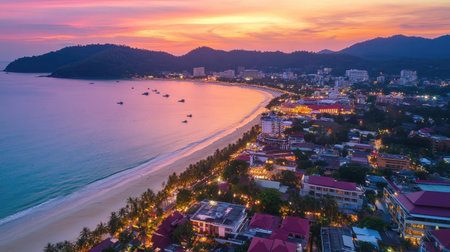 Colorful evening sky with pink, orange, and purple hues above Patong beachfront, soft waves gently hitting the shoreの素材