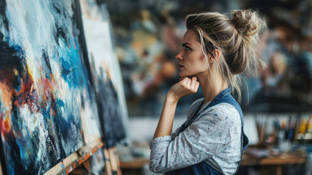 Woman artist in an apron, lost in thought as she stands before her canvas, considering her next stroke.の素材