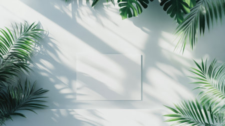 White workspace aesthetic with a blank notebook, botanical sunlight patterns, and a high-end laptop.の素材