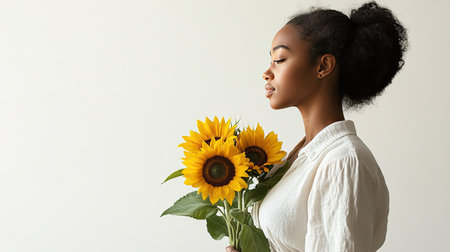 Woman standing against a white background, wearing a linen dress and holding a sunflower bouquet, radiating fall charm.の素材