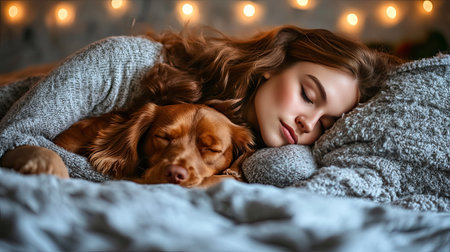 Young Caucasian woman in deep sleep, her dog curled up beside her, cozy bedroom with soft pillows and blanketsの素材