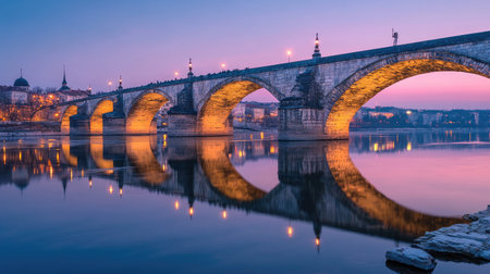 Colorful reflections of city lights on the Sava River below the Old Sava Bridge, captured just after sunsetの素材