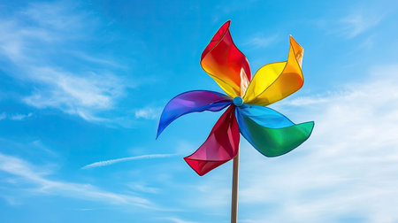 Windy day scene with a fast-spinning pinwheel, sky stretching endlessly behindの素材