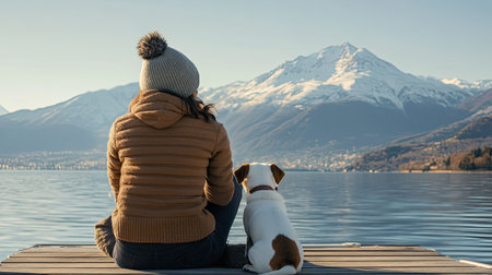 Woman sitting on a cold wooden dock, her terrier snuggled beside her as they look at the distant mountains across the lake.の素材