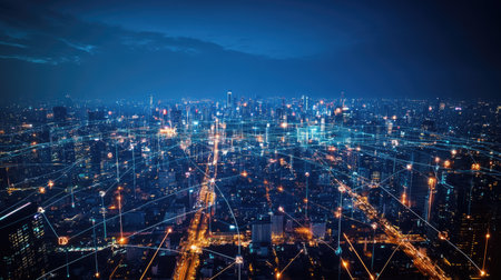 Wireless network concept over a futuristic cityscape, showing data flow and global connectivity, with space for promotional content.の素材