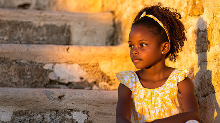 Young African girl in casual summer outfit, relaxed on outdoor steps, soft sunlight enhancing the warm atmosphereの素材