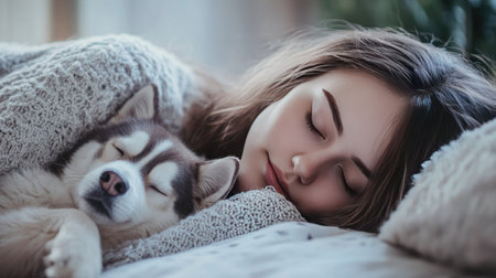 Woman lying on her side, sleeping peacefully with her dog curled up next to her, tranquil bedroom ambianceの素材