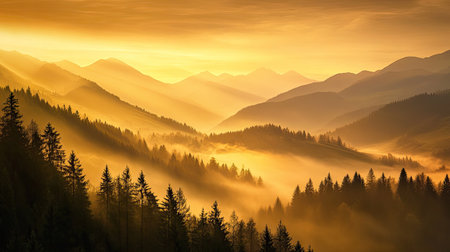 Warm golden sunset over a misty mountain range, the forest below glowing softly under the evening light, peaceful and sereneの素材