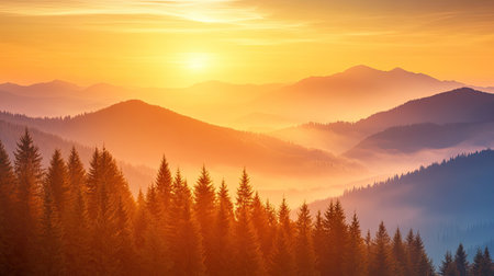 Warm golden sunset over a misty mountain range, the forest below glowing softly under the evening light, peaceful and sereneの素材