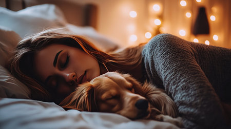 Woman lying on her side, sleeping peacefully with her dog curled up next to her, tranquil bedroom ambianceの素材
