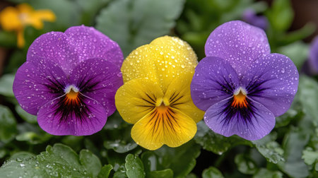 Morning dew on colorful garden flowers, each bloom catching the soft sparkle of sunlightの素材
