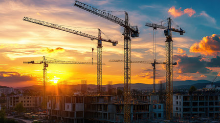 Construction industry in motion, cranes lifting materials, steel skeletons rising at sunset, urban growthの素材