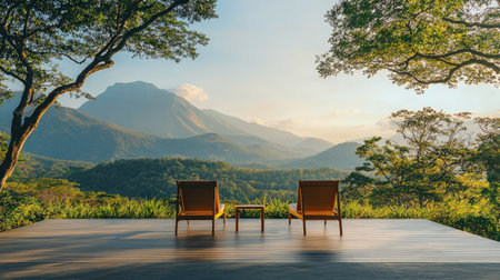 Morning silence and nature on a mountain-facing terrace with two classic outdoor chairsの素材