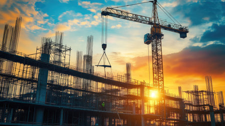 Construction industry in motion, cranes lifting materials, steel skeletons rising at sunset, urban growthの素材
