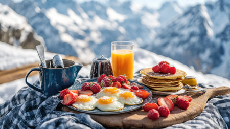 Morning feast of eggs, pancakes, and fruit with a menu and breathtaking alpine view in the backgroundの素材