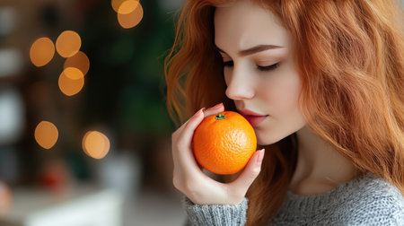 Confused woman sniffing a tangerine at home, her blank reaction highlighting the loss of smell caused by COVID-.の素材