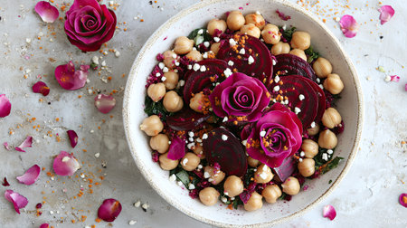 Colorful vegan salad in a white bowl with chickpeas, beetroot slices, and elegant beetroot rose garnishes, top viewの素材