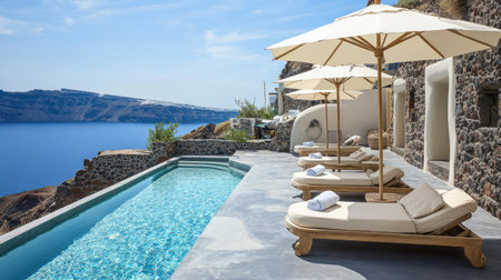 Oceanview private villa with contemporary terrace design, pool, and sun beds under umbrellas glowing in soft sunlightの素材