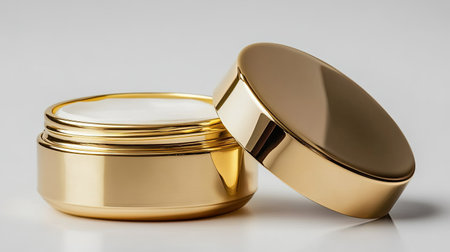 Open golden cosmetic jar showcasing soft white moisturizer, high-end skincare concept on white background.の素材
