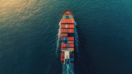 Container ship crossing the ocean, aerial top-down perspective of global maritime freight transportationの素材