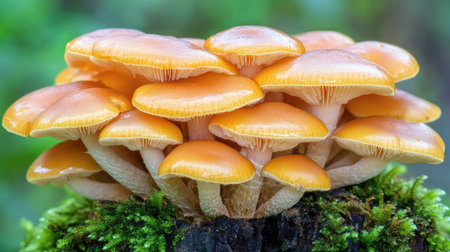 Moody forest shot of honey mushrooms growing on a moss-covered tree stump, bathed in cool, diffused light.の素材