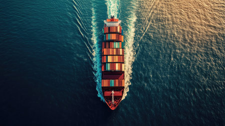 Container ship crossing the ocean, aerial top-down perspective of global maritime freight transportationの素材