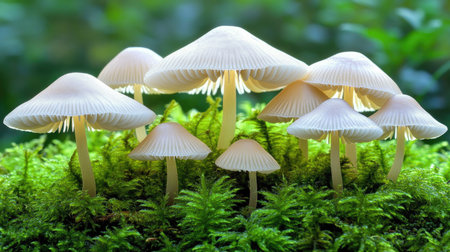 Mystical forest scene featuring Mycena inclinata mushrooms glowing in soft ambient light, surrounded by rich green moss.の素材