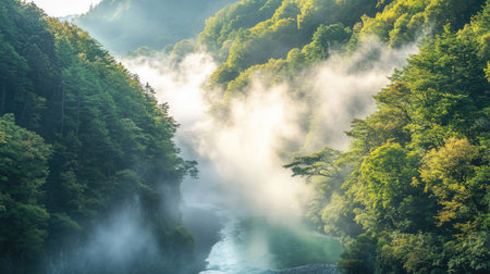 Morning mist drifts above the Oirase River, while sunlight filters through the dense trees, casting a mystical glow.の素材
