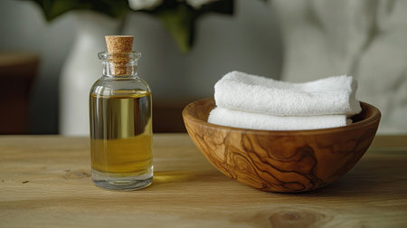 Natural coconut oil in a glass bottle and wooden bowl with white towel, arranged on textured wooden surfaceの素材