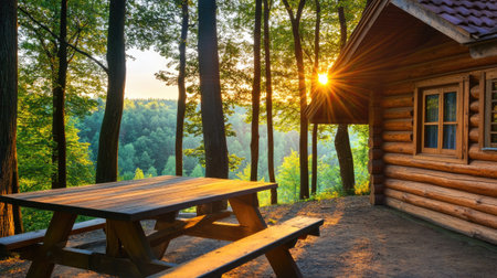 Morning sunlight filtering through tree leaves onto an outdoor table beside a warm wooden cabinの素材