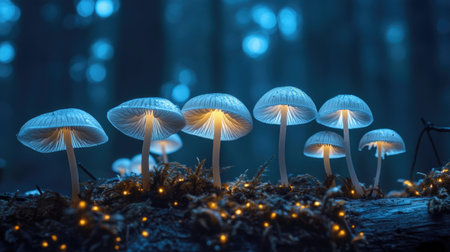 Mystic woodland view of Mycena inclinata mushrooms growing in harmony with nature, their fragile caps illuminated.の素材