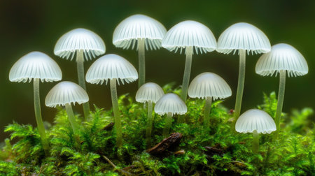 Mystical forest scene featuring Mycena inclinata mushrooms glowing in soft ambient light, surrounded by rich green moss.の素材