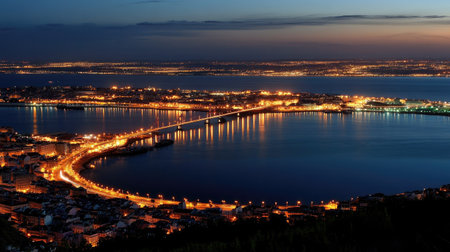 Nighttime urban view of the Vasco da Gama Bridge, its lights casting warm reflections across the Tagus River in Lisbonの素材