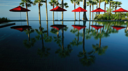 Morning serenity at a tropical hotel pool with palm trees reflected in water, umbrellas casting long shadowsの素材