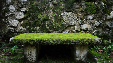Moss-covered stone table at the heart of the medieval Convento dos Capuchos, blending with the monastery's rustic stone walls.の素材